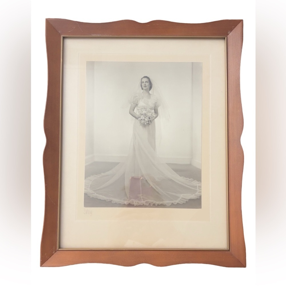 Vintage Black & White Wedding Portrait 8x10 in Wooden Frame 12x15 Ephemera